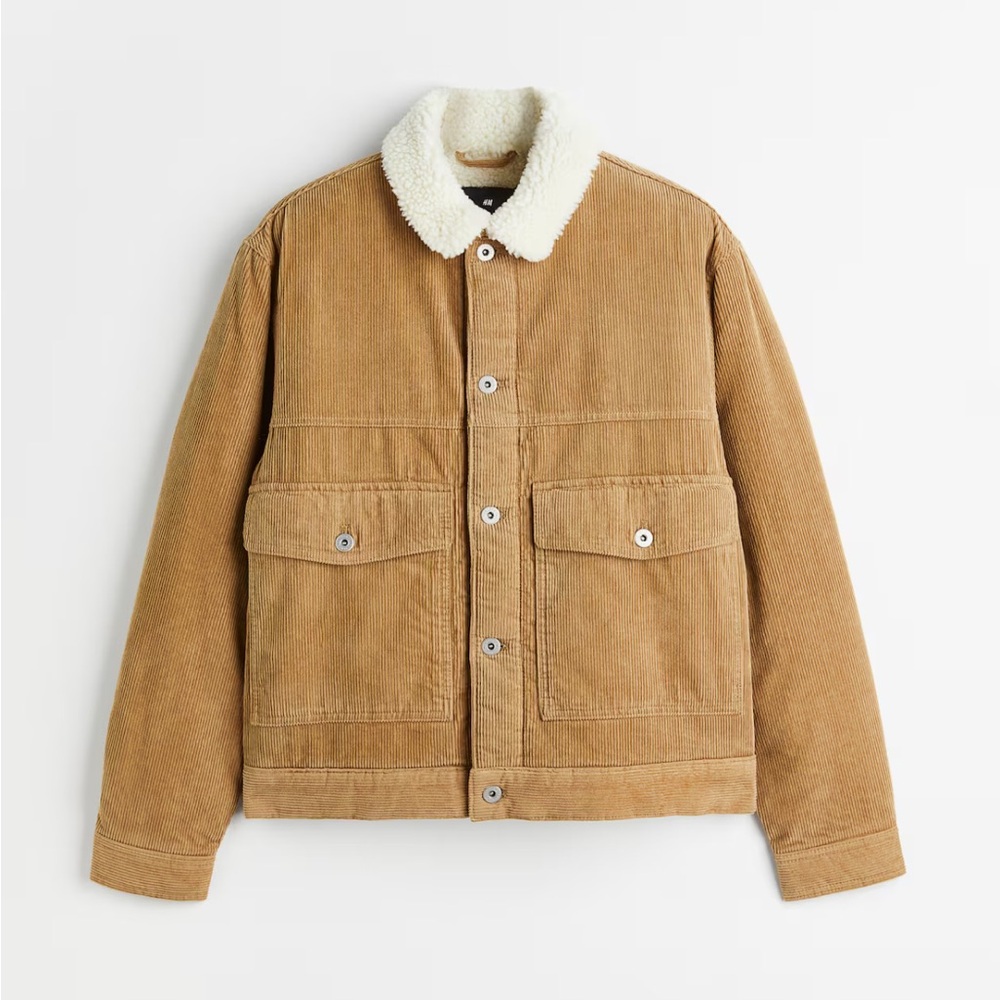 H&M Men's Dark Beige Corduroy Trucker Jacket with Sherpa Borg Lining Size XXL